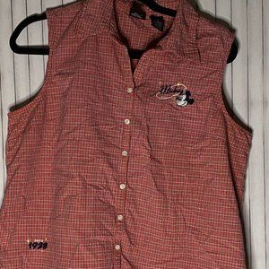 Disney Mickey Mouse Women's sleeveless button down blouse XL  plaid red